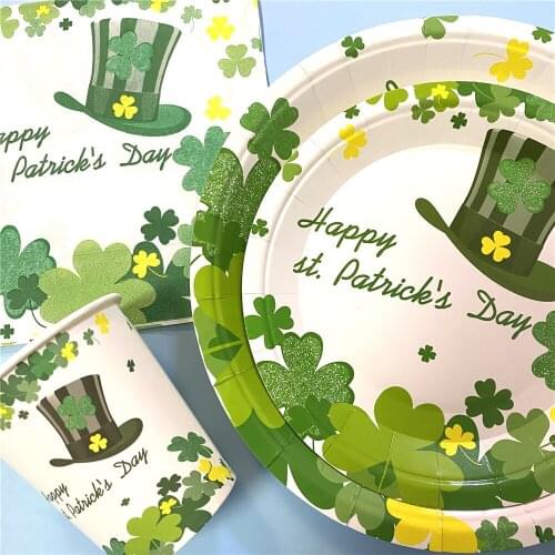 St Patrick’s Day Paper Plate Cup Napkin Disposable Tableware Green Shamrock Balloons Irish Party Decoration Supply