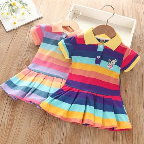 JY Children Girls Embroidery Rabbit Summer Short Sleeve Colorful Rainbow Princess Dress 90-130 TZ01