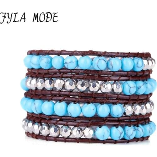 Fyla Mode Exclusive Blue Stone Beaded Leather Wrap Bracelet With Silver Beads 4 Strands Weave Multi Layered Vintage Bracelet