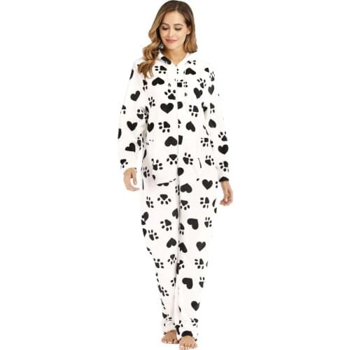 Flannel Pajamas Woman Dog Paw Printing Sleepwear Fleece Autumn Winter Pajama Set Overalls