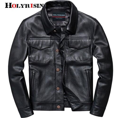 Holyrising Men Cow leather Jackets VintageTurn Collar Outerwear Casual Leather Jacket Motorcycle Overcoat Black Topcoats 19026-5