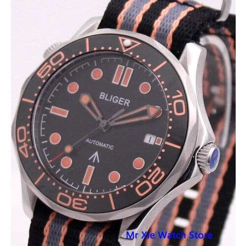 Bliger 41mm Black Dial Automatic Mechanical Mens Watch Nylon Strap Sapphire Crystal Luminous Waterproof Calendar Male Wristwatch