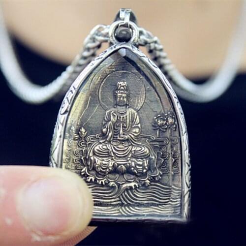 Retro Guanyin Bodhisattva Pendant Mens Necklace Personality Amulets Trendy All-match Hanging Jewelry Sweater Chain