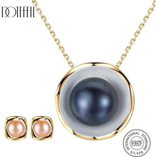 DOTEFFIL Luxury Brand 925 Solid Silver Pearl Jewelry Set Earring/Necklace Natural Freshwater Pearl Women Jewelry Gift Wholesale