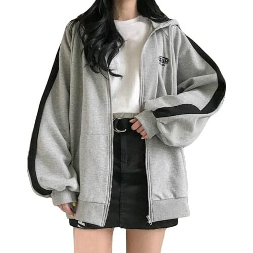 Sweatshirt Zipper Women Jackets Splicing Hooded Top Hoodies Oversize Boyfriend Patchwork Tracksuit Long Sleeve Hoody Coat Mujer