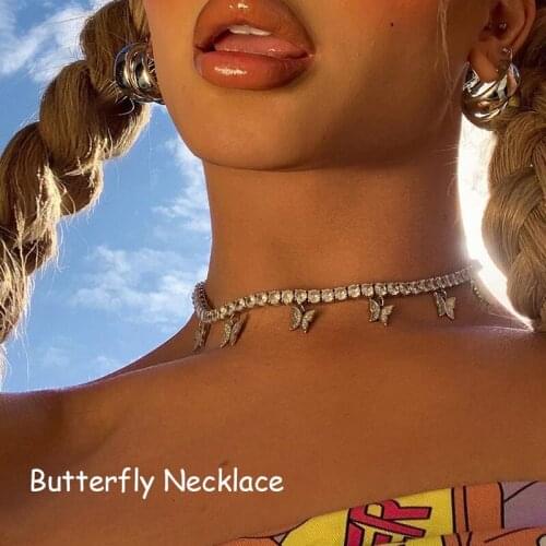 Y2K Jewelry Shiny Crystal Butterfly Necklace for Female Egirl Aesthetic Punk Vintage Necklace 2000s Fashion Friends Gifts New