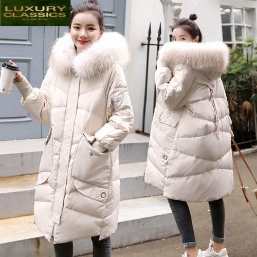 90% Winter Jacket Women White Duck Down Coat Female Real Fur Hooded Parkas Down Jacket Loose Snow Outwear Coats LWL1159