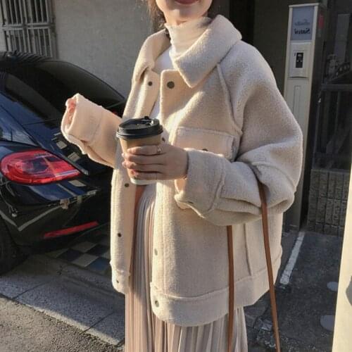 Women Jacket Autumn Winter Female New Loose Lambswool Short Fur Plus Velvet Coat Lapel Padded Sweatshirt Mujeres Abrigos A067