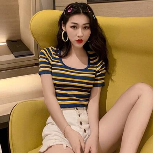 Women Streetwear Harajuku T-shirt Summer Female Casual Short Sleeve O Neck Striped T Shirt Fashion Slim Knitted T Shirt