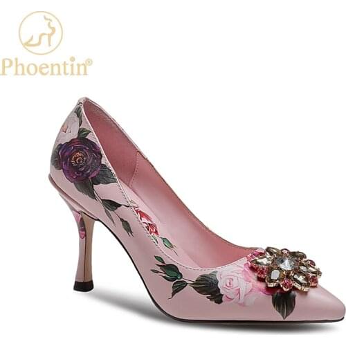 Phoentin pointed toe womens shoes pink flower print stiletto shoes woman 2020 new with rhinestones super high heel pumps FT921
