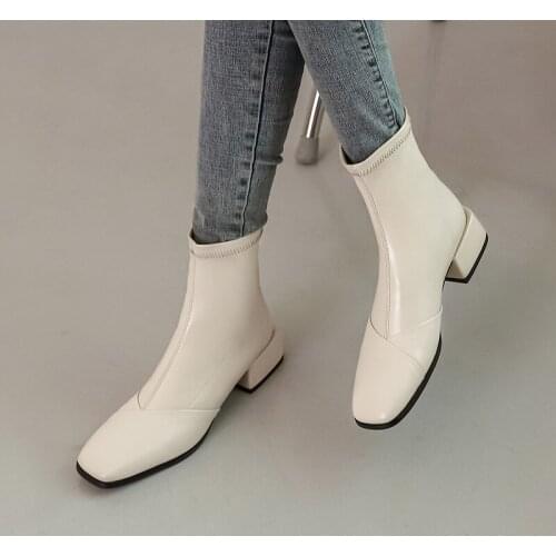 2021 Boots For Women Square Toe Autumn Winter Ladies PU Leather Women Shoes Thick heel Slip-on Ankle Boots Chelsea boots 32-43
