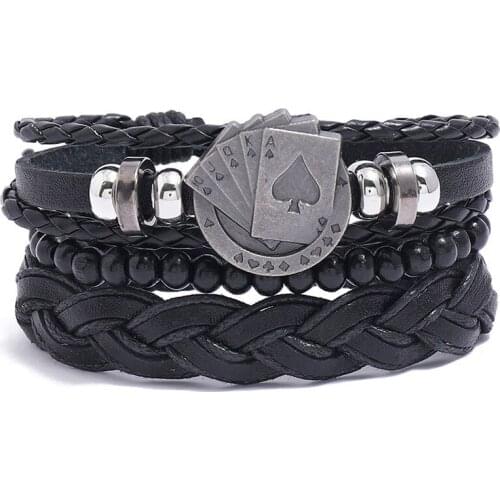 3Pcs/ Set Multilayer Braided Vintage Leather Bracelet for Men Playing Cards Charm Wood Beads Bangles Woman Wristbands Male Gift