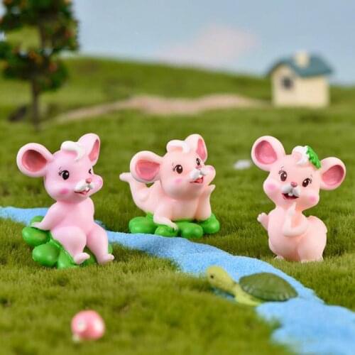 4PC Lucky Fortune Cartoon Pink Mouse Fairy Garden Miniatures Kawaii Mouse Micro Landscape DIY Craft Succulent Planter Home Decor