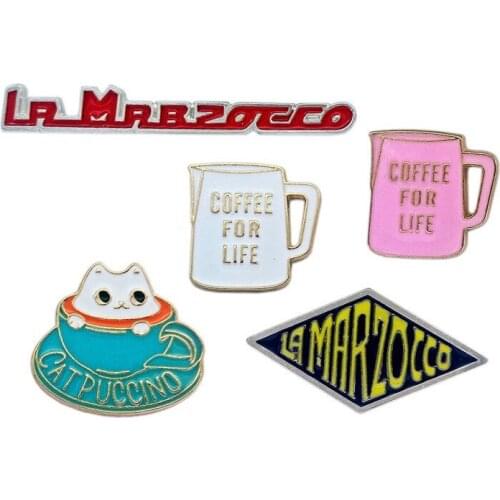 5pcs/set Kawaii Coffee Series Brooches Metal Lapel Pins Cat Cappuccino Cups Pattern Design Women Clothing Backpack Jewelry