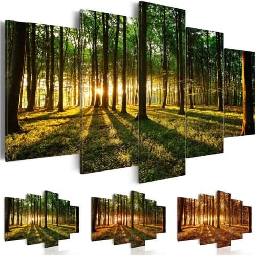 Wall Art 5 Pieces HD Forest Canvas Painting Trees In Sunshine Print Picture Natural Scenery Poster Living Room Modern Home Decor
