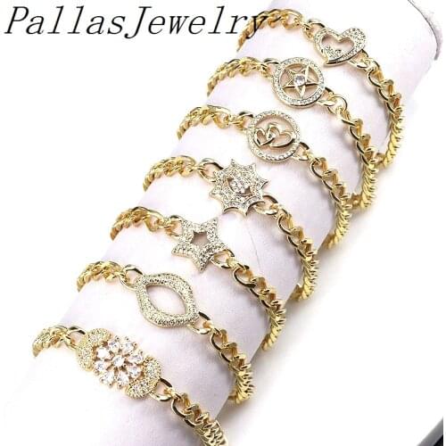 8Pcs Trendy Gold Plated Brass Jewelry with Zircon Star Heart Lip Thick Link Chains Bracelet Party Jewelry
