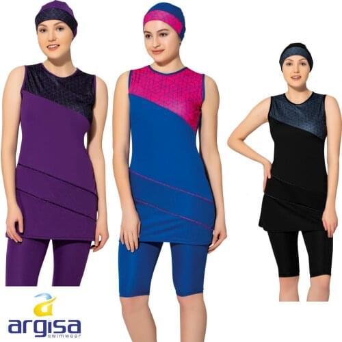 Argisa 7806 Halter Sleeveless Patterned Semi Burkini Muslim Swimwear 38-52 Plus Size Hijab Islamic Swimsuit Fashion Turkey Women