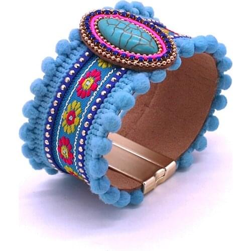 Fashion magnet buckle bracelet bohemian leather crystal natural stone flower ladies bracelet pattern hair ball bracelet jewelry