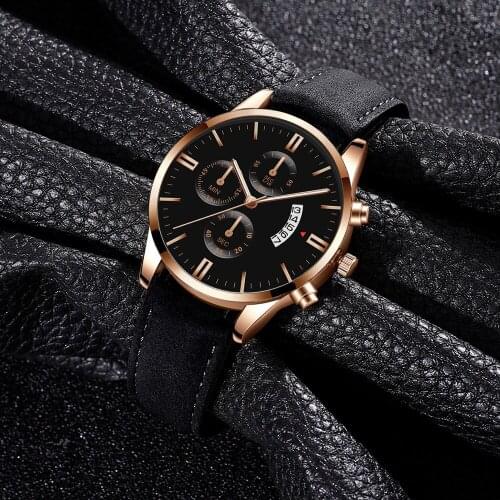 Men Watches Fashion Sport Stainless Steel Case Leather Band Watch Quartz Business Wristwatch Male Watch