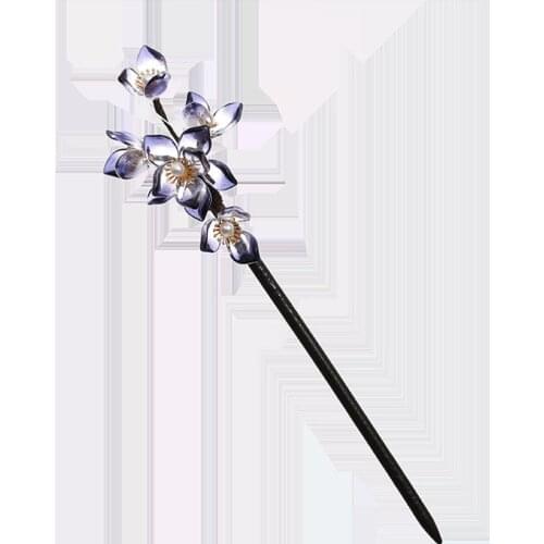 FORSEVEN New Design Women Girls Chinese Hanfu Dress Decorated Jewelry Blue Flower Pearls Hairpin Clips Wooden Hair Fork Sticks