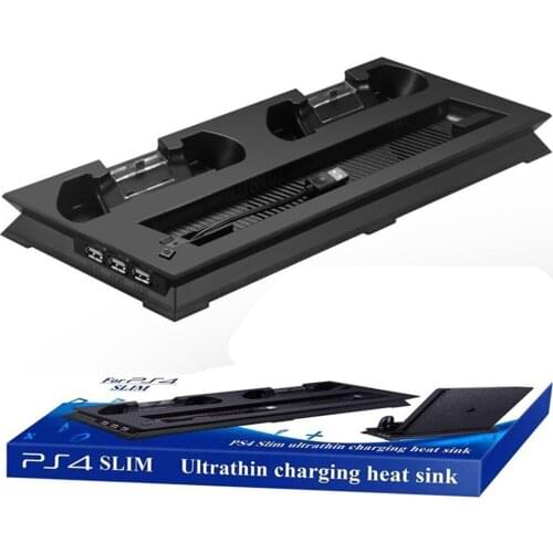 For PS4 Slim Accessories Cooling Fan Cooler Vertical Stand Cradle Dual Controllers Charging Dock USB Hub for Playstation 4 Slim