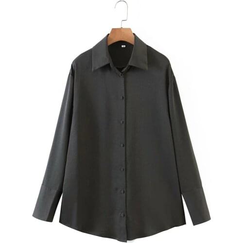 Evfer Sprint Autumn New Fashion Za Gray Long Shirts Girls Casual Long Sleeve Single Breasted Satin Blouse Chic Ladies Solid Tops