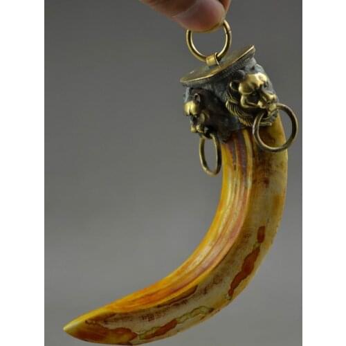 Chinese Handwork Collection Artificial Boars Tooth & Copper Carving Lion Statue Pendant