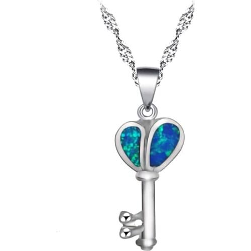 Heart Shaped Key Pendant Blue 925 Opal Necklace Pendant Charming Wedding Commemorative Gift for Women Exclusive OP867