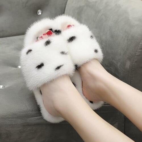 WomenS Shoes In Summer Real Luxury Mink Slippers Simple And Fashionable Flat Bottomed Slippers White Polka Point Plush Shoes
