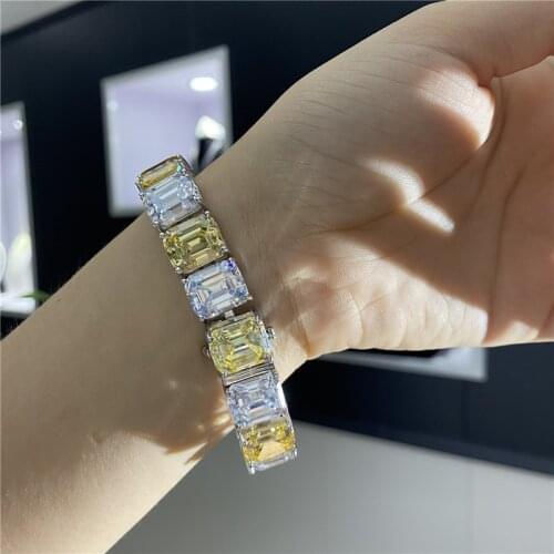 Trendy Emerald cut Topaz Diamond Bracelet 100% Real 925 Sterling Silver Engagement Wedding Bangles Bracelets for women Jewelry