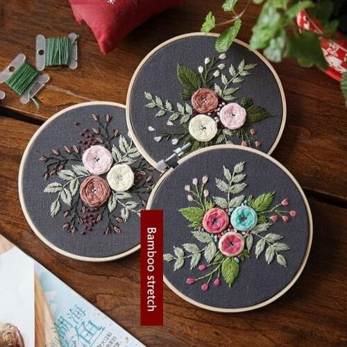 DIY Embroidery Flower Handwork Needlework for Beginner Cross Stitch Kit Ribbon Painting Embroidery Hoop Home Decoration