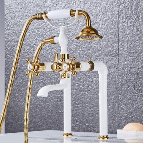 Bathroom Bathtub Shower Faucets Set Soild Brass Hot & Cold Mixer Tap With Handheld Unique Design White/Black/Gold/Chrome/Antique