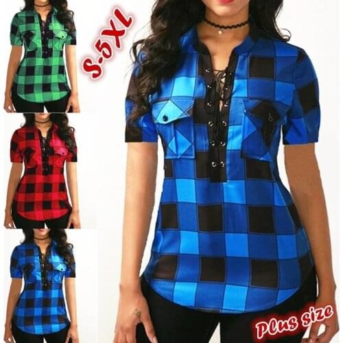 2021 summer new style European and American sexy womens lace-up short-sleeved plaid shirt woman tshirts