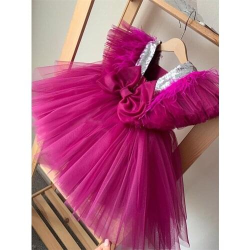 New Rose Red Baby Girls Dresses Knee Length Puffy Tulle Toddler Infant Birthday Dresses Tutu Kids Clothes