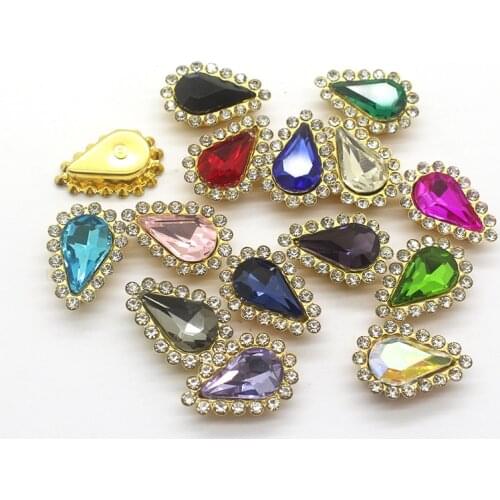 New 12*20mm 10Pcs/Lot Water drop Mix Color Glass Gold Buttons For Clothing DIY Handwork Wedding Dress Beautiful Shiny