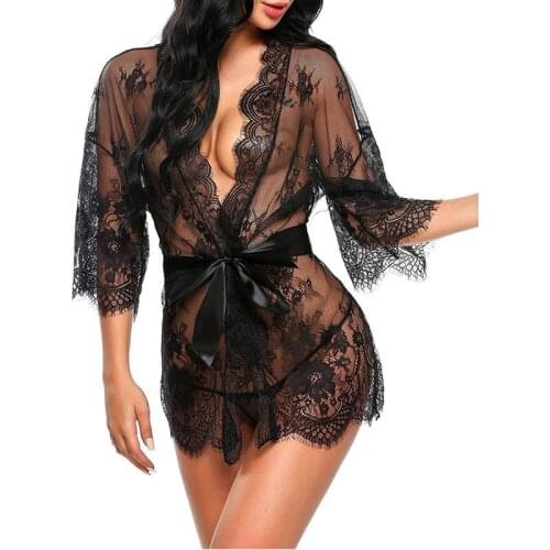 Sexy Women Lace Erotic Sleepwear Porno Sexy Lingerie transparent V-Neck Nightwear Robes G-string Sexy Sets
