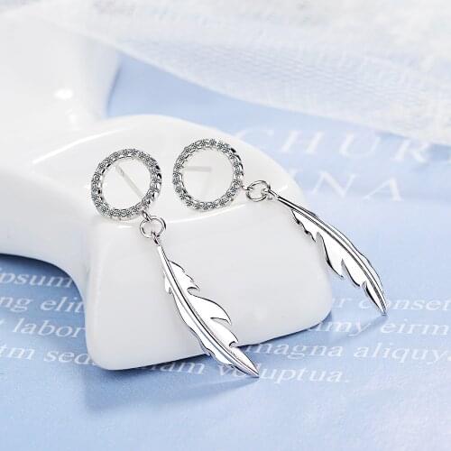 925 Sterling Silver Feather Earring For Women Round Zircon Fashion Koearn Long Tassel Stud Earring Oorbellen Pendientes
