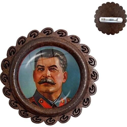 Soviet USSR Stalin Lenin Wood Brooches Classic Red Star Hammer Sickle Communism Emblem CCCP Glass Cabochon Collar Pins Badge