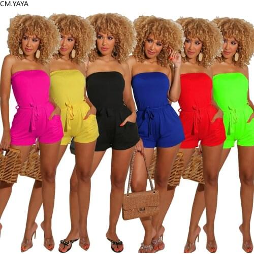 CM.YAYA Sport Women Solid Color Strapless With Sashes Sexy Bodysuit Jumpsuit High Street One Piece Overall Romper Playsuit