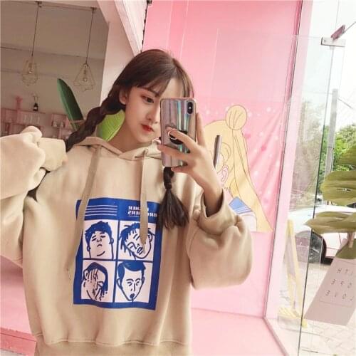 Harajuku Hoodies Autumn Women Girls Fashion Korean Cartoon Printed Loose Sweatshirt Female Long Sleeve Hooded Casual Sweet Tops
