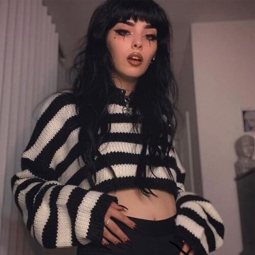 Black White Y2K Cropped Sweater Gothic Harajuku Long Sleeve Stripe Sweater Women Korean Style Autumn Crop Tops 2021