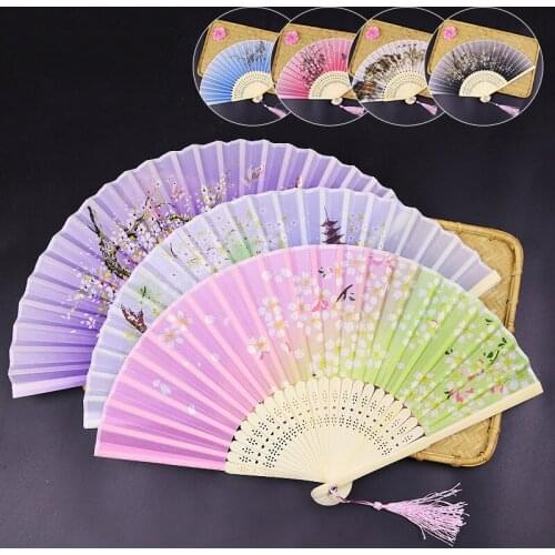 Vintage Style Silk Folding Fan Flower Pattern Hand Held Fan Art Craft Gift Props Dance Fan Wedding Party Favours Home Decoration