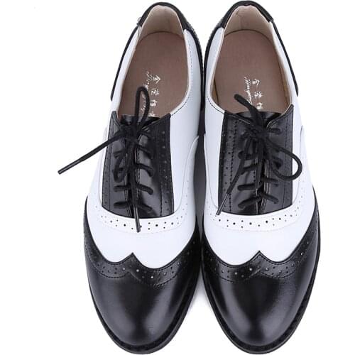 Four Seasons Hot Genuine leather Black+white sapato women oxford shoes leisure Derby Flat shoes Wing Tip Shoes