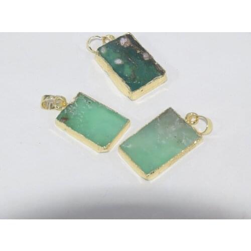 Green raw Chrysoprase Natural stone rectangle pendant for jewelry making 2021 Gold Plating bezel slice Crystal Quart female gift