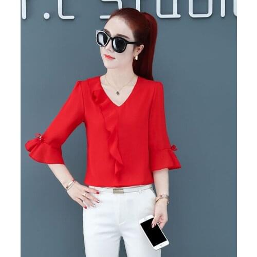 Women Fashion Summer Style Chiffon Blouses Shirts lady Casual Short Flare Sleeve Ruffles Decor V-Neck Blusas Tops DF2643