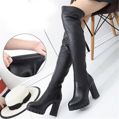 2021 New Autumn Early Winter Long Tube Slim Boots Women Leather 10CM High Heel Elastic Over The Knee Boots Plush Fashion Pumps