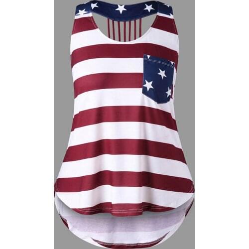 40#Women Casual Blouses American Flag Print Shirt Sleeveless Tops Pocket Plus Size Shirts Vintage Striped Patchwork Blouses