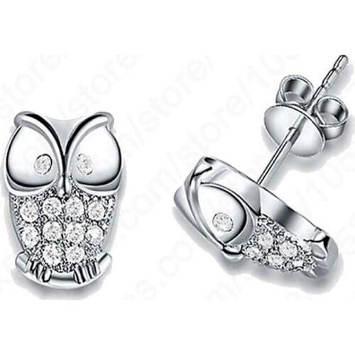Cute Night Owl Women Stud Earrings Jewelry Genuine 925 Sterling Silver With Shiny Cubic Zirconia Stone Animal Styles