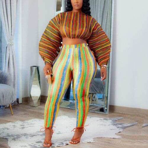 2021 Autumn Winter New Pants Sets for Women Crop Tops & Pencil Pants Striped Print Skinny Bodycon Fashion Outfits Matching Sets