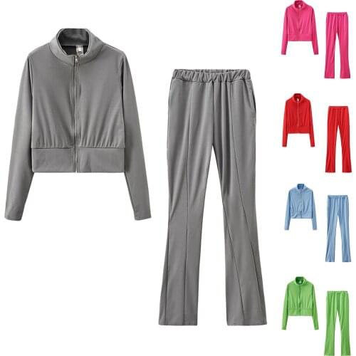 Fashion 2PC Tracksuit Homewear Women Sweatshirt Sets Solid Color Sport Suit Long Sleeve Stand Collar Zipper Coat Top+Trousers